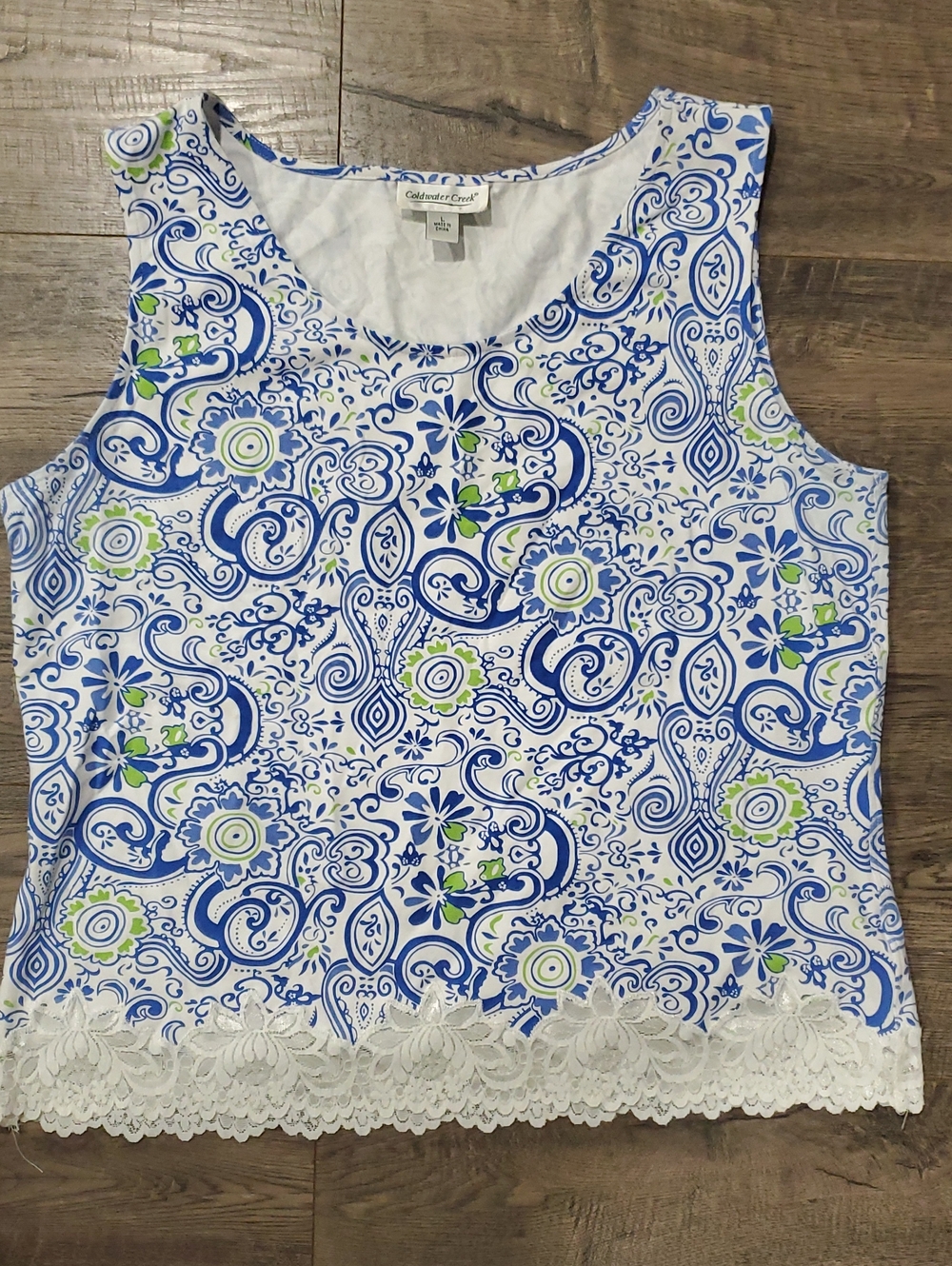 Coldwater Creek Blue White Green Paisley Lace-Hem Tank 95% Cotton